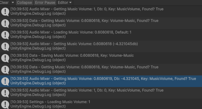Screenshot of the Unity logs showing the Mixer volume resetting