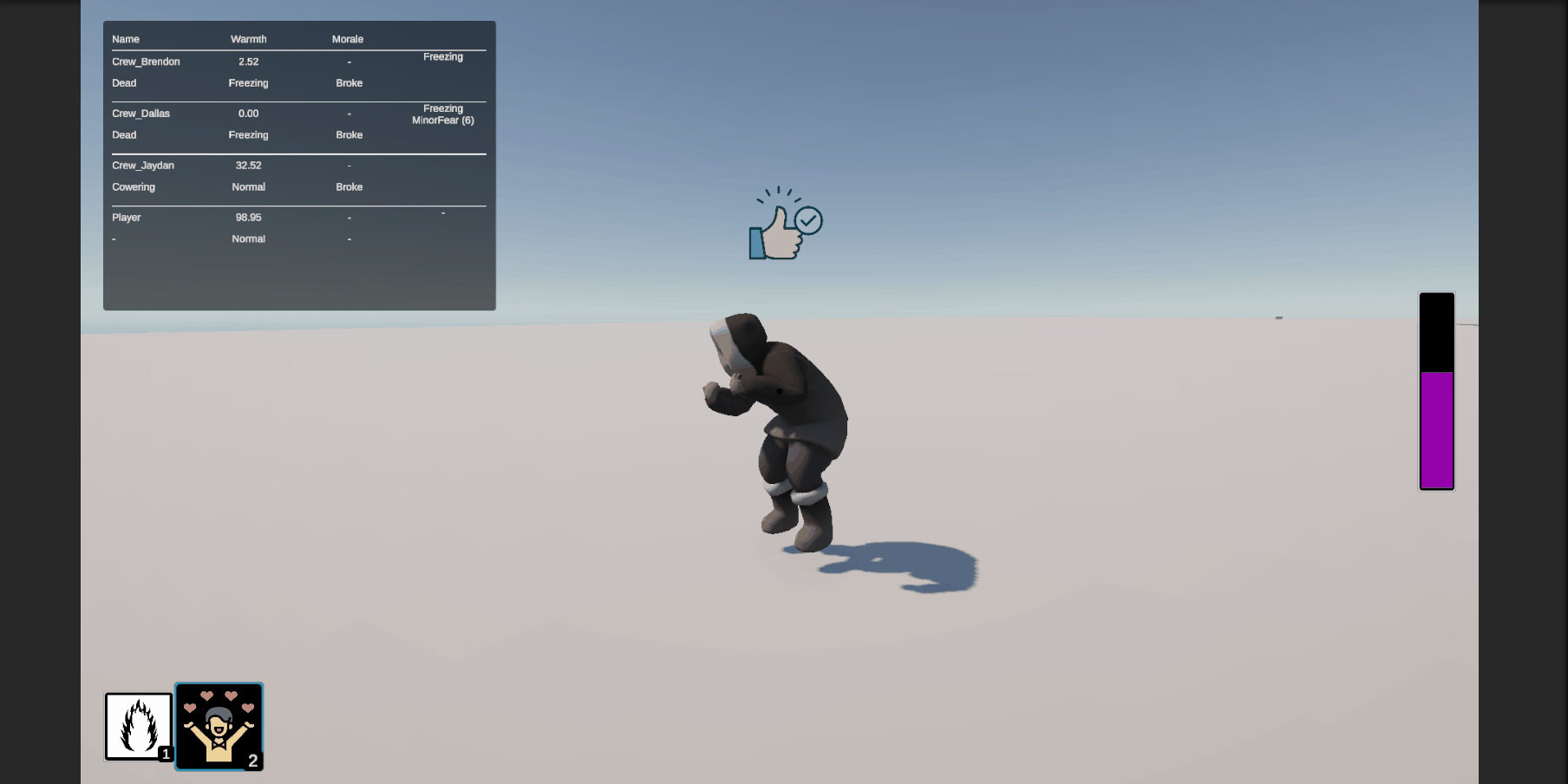 Gif showing a bug where the Crew doesn't stop cowering when they start moving back to the caravan