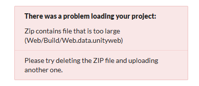 Screenshot of the file too large error message on Itch