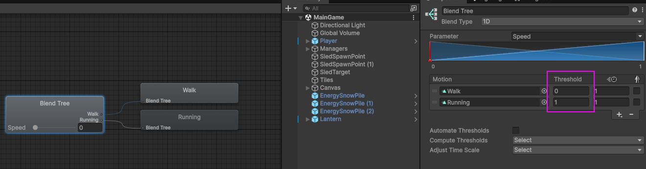 Showing the thresholds in the anim blend tree being set to 0 and 1