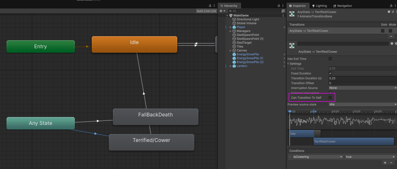 Showing the 'Can Transition To Self' checkbox being unchecked in the anim transition