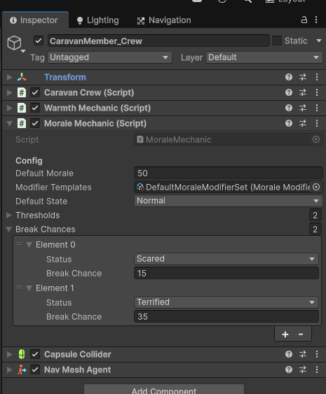 The Moral Break Chance config in the Inspector