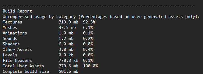 Screenshot of the initial web build size