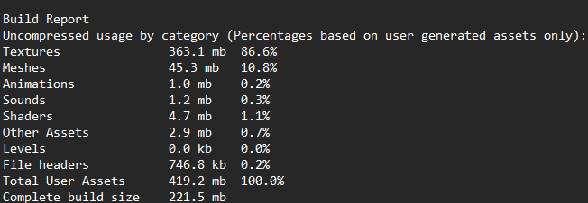 Screenshot of the reduced build report after removing asset pack rocks