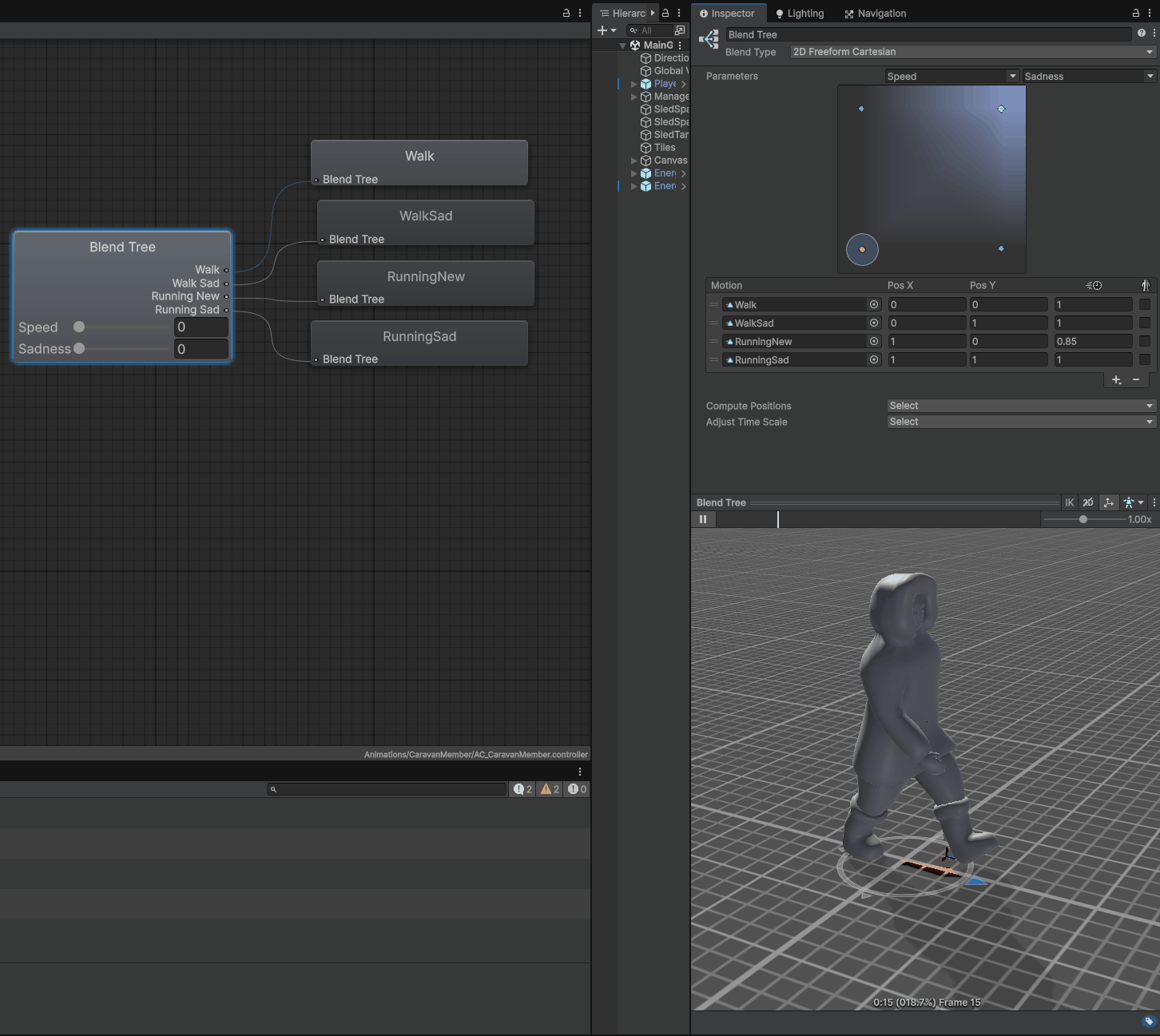 Gif showing the blending between the speed and sadness animations