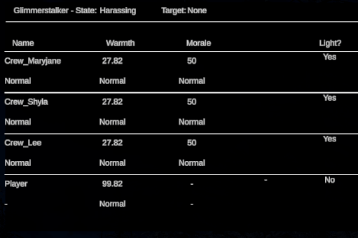 Gif of debug panel showing the Glimmerstalker state and Crew light statuses changing