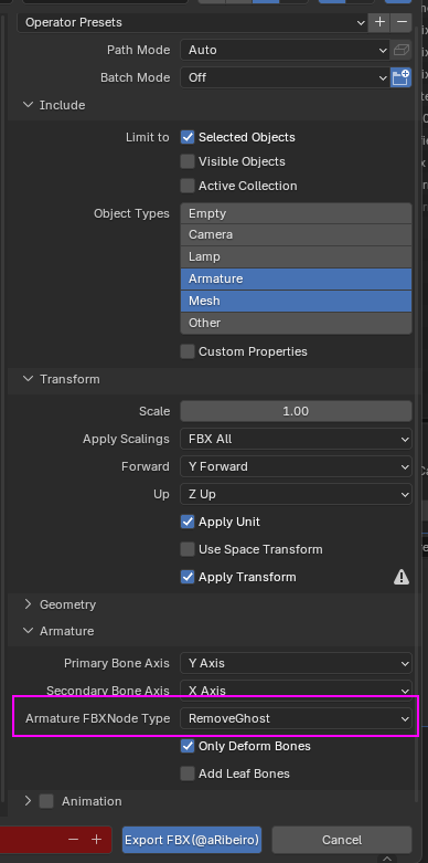 Screenshot of the CustomBlenderFBXExporter export settings