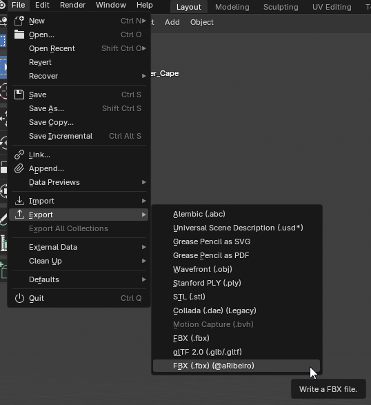 Screenshot of the CustomBlenderFBXExporter menu option