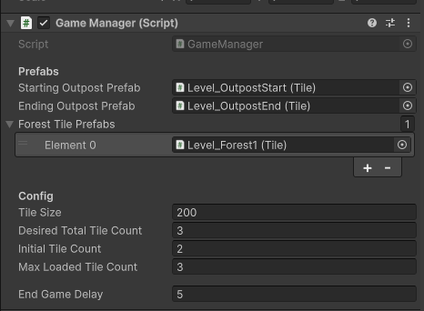 Unity inspector showing new level config