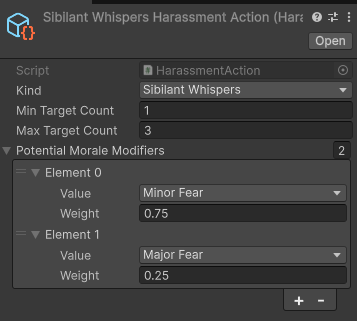 Screenshot of the Inspector showing the Sibilant Whispers Harassment Action configuration