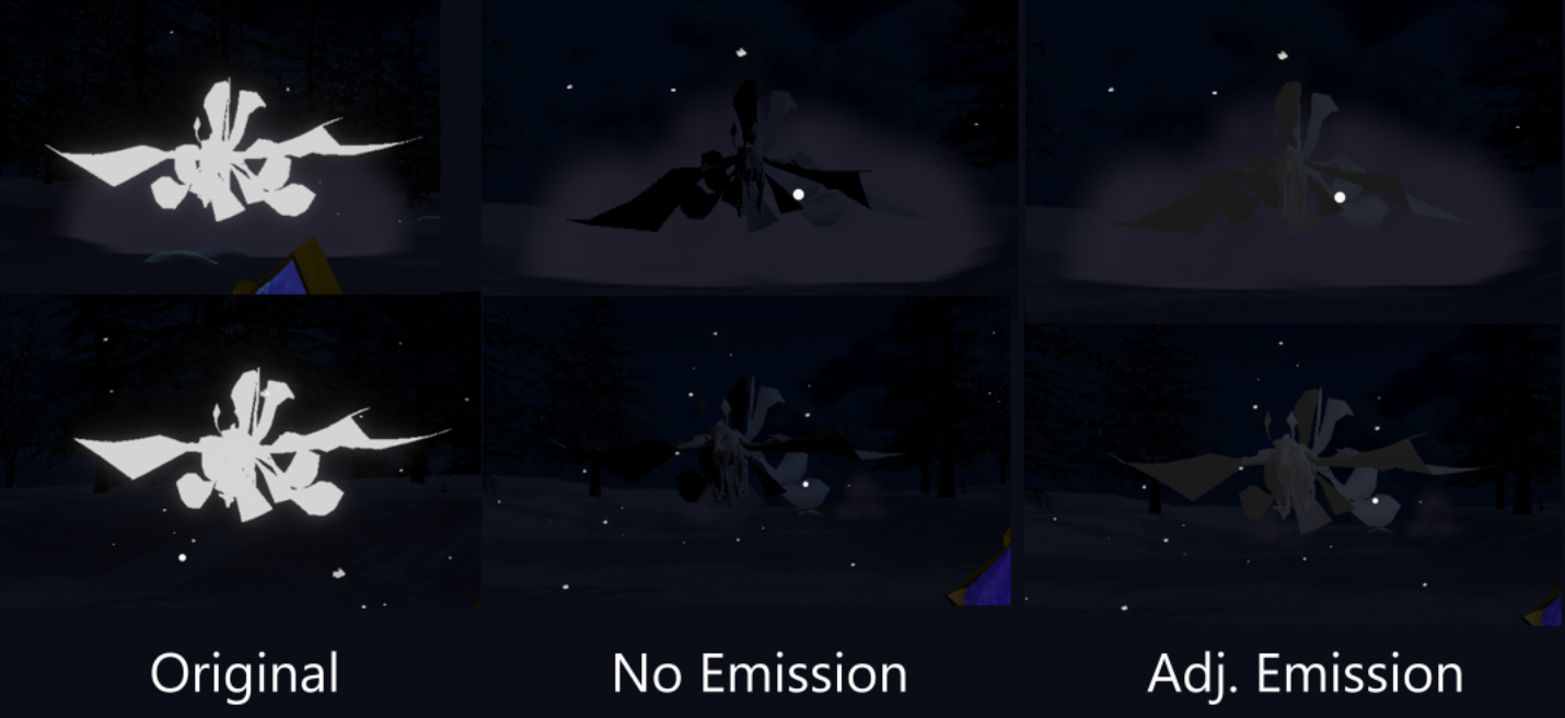 Screenshot comparing the different Emission levels on the Glimmerstalker