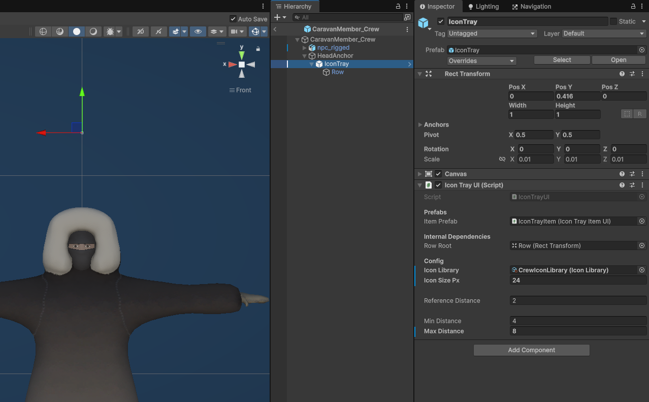Icon Tray config in Inspector and placement in prefab