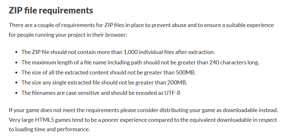 Screenshot of the zip file requirements from the Itch documentation