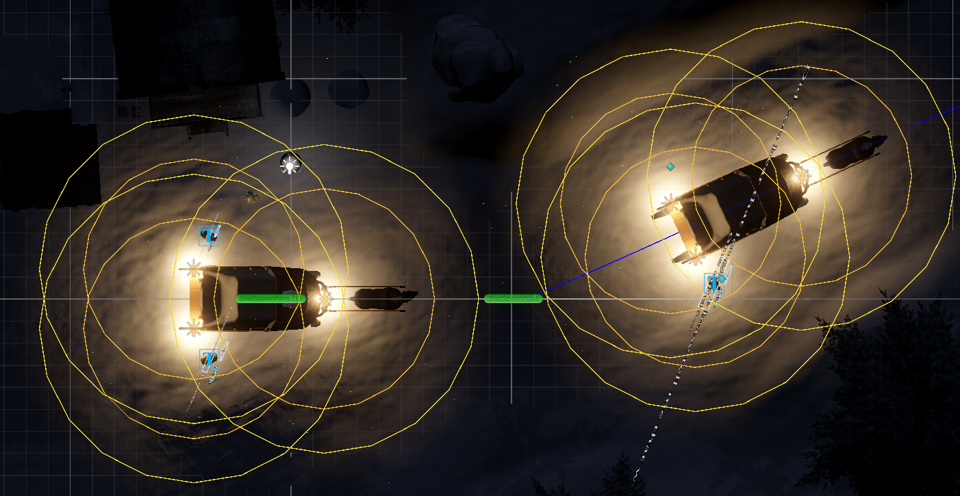 Screenshot showing the Avoid and Flee light radii being drawn in the editor