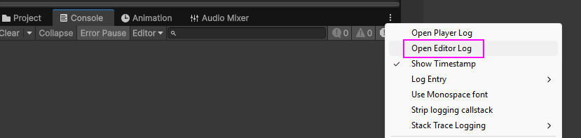 Screenshot of where to find the editor logs in Unity