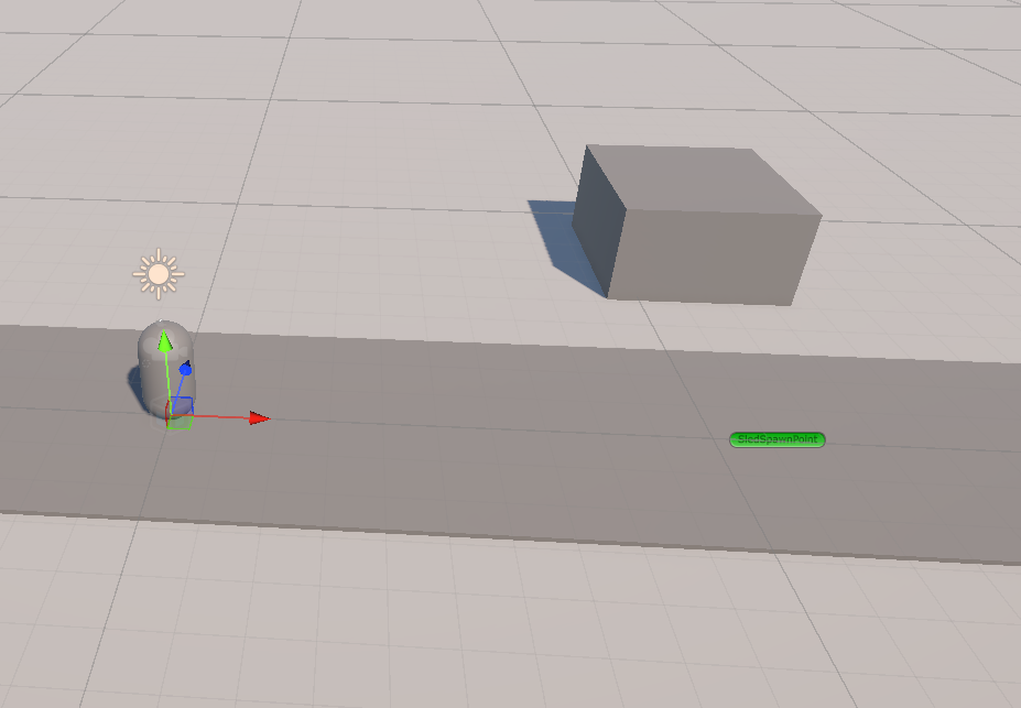 Shows player and spawn point with level prefab loaded in