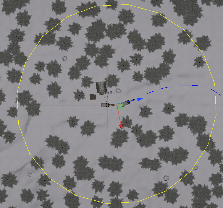 Screenshot of the debug circle for the tether distance being drawn around the caravan