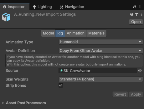 Screenshot of the FBX import settings showing the use of the existing crew anim avatar