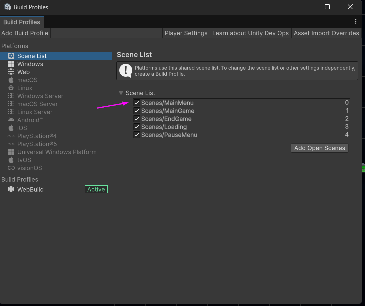 Screenshot of the Build Profile setup for the project in Unity, highlighting the MainMenu scene as the first one