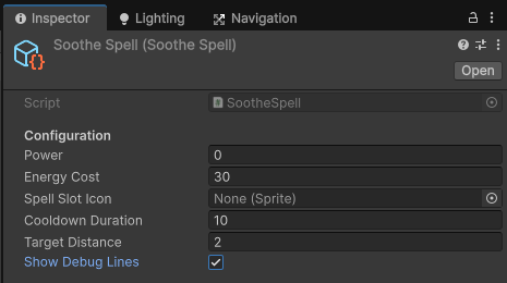 Soothe Spell config in Inspector 