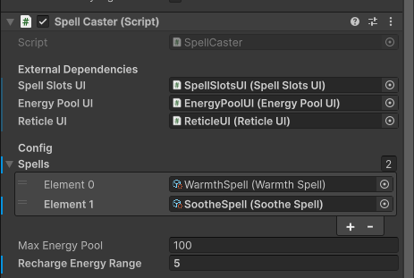 Player spell list in Inspector with the Soothe spell added