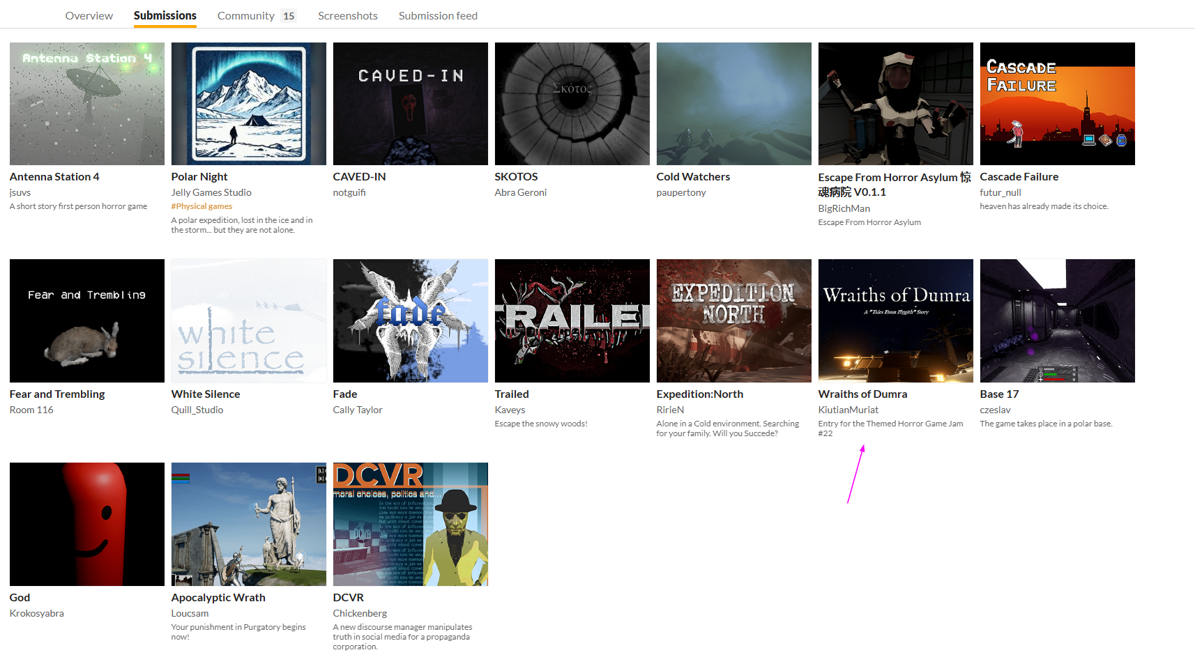 Screenshot of our game along with the other submissions on Itch
