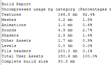 Screenshot of the web build size with no asset packs being used